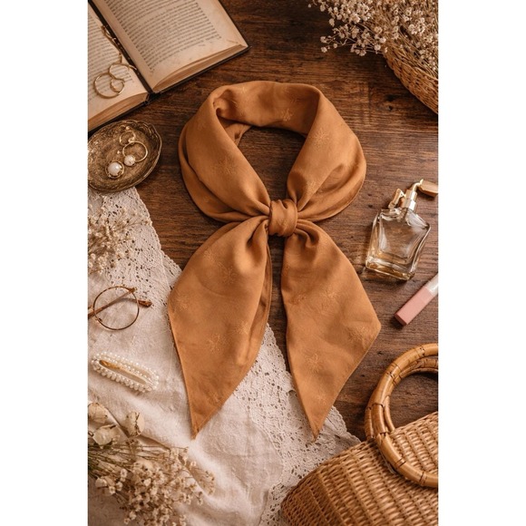 Vintage Brown Butterfly Jacquard Scarf Square Head Scarf Satin Feel Neutral Boho - Picture 6 of 6